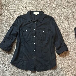 Michael Kors Black Button Down Shirt with Notched Collar and Cuffed Sleeves